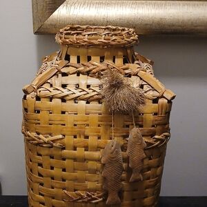 Woven Basket Vase with Fish Accents